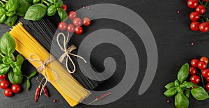 Raw Black Spaghetti, Dry Pasta with Cuttlefish Ink