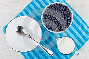 Raw blueberry in bowl, jug of milk, bowl and spoon