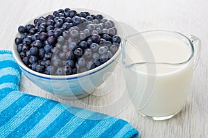 Raw blueberry in glass bowl, jug of milk, striped napkin