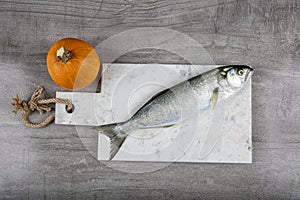 Raw Bluefish. Latin; Pomatomus Saltatrix. Fresh fish with the vegetables, condiment and lemon, bluefish. Food preparation photo