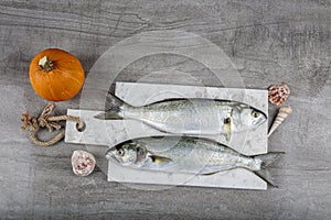 Raw Bluefish. Latin; Pomatomus Saltatrix. Fresh fish with the vegetables, condiment and lemon, bluefish. Food preparation photo