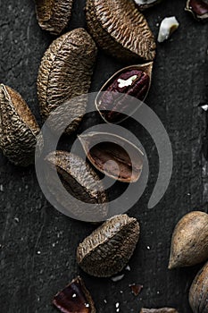 Raw Brazil and Pecan nuts in shell on Wooden Rustic table