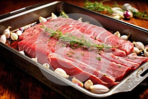 raw brisket in a roasting pan being probed