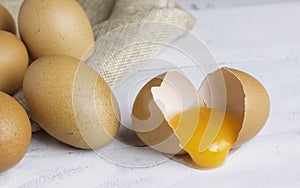 Raw broken chicken egg , egg yolk in shell