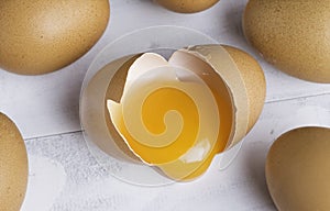 Raw broken chicken egg , egg yolk in shell