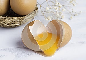 raw broken chicken egg , egg yolk in shell
