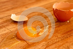 Raw broken colour egg with yellow yolk.Chicken raw, farm eggs on