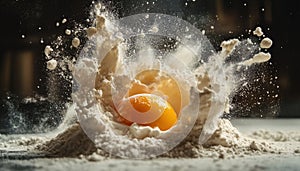 Raw Broken Egg Flowing And Flour Explosion