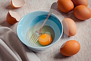 Raw broken egg with yolk in bowl