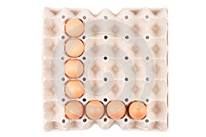 Raw brown Chicken Eggs In paper container tray box arranged English alphabet is ` L `.