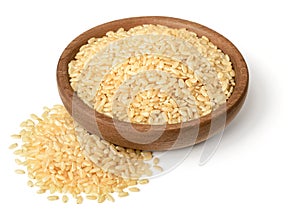 Raw brown rice in the wooden plate, isolated on the white background