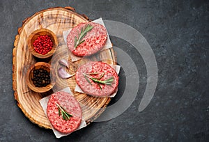 Raw burgers cutlets from marble beef meat