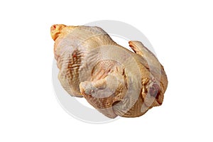 Raw butchered chicken for frying on a white background.