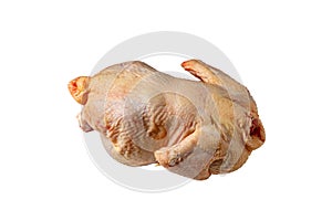 Raw butchered chicken for frying on a white background.