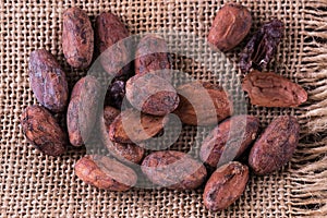 Raw cacao beans over canvas background