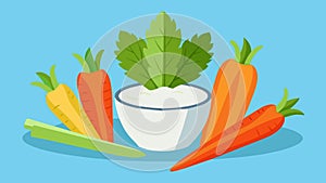 Raw carrots celery and bell peppers served with a side of Greek yogurt ranch dip for a lowcalorie nutrientdense snack photo