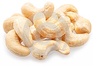 Raw cashew nuts on white background.