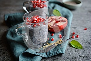 Raw chia pudding with pomegranate seeds