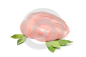 Raw chicken breast fillets skinned,  bay leaves , isolated on white with clipping path
