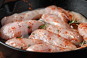 Raw chicken breast mini fillets in rastic cast iron skillet, frying pan with herbs and sea salt