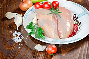 Raw chicken breast, white chicken meat in plate
