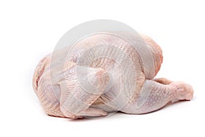 Raw chicken carcass isolated on a white background. Close-up