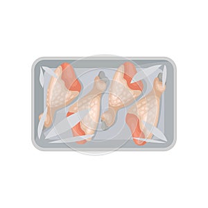 Raw chicken drumsticks packaging, food plastic tray container with transparent cellophane cover vector Illustration on a