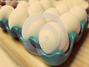 Raw chicken eggs in egg box tray sepia color vintage retro