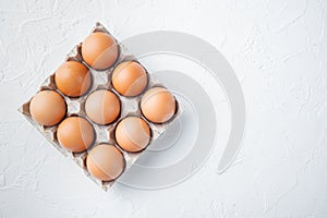 Raw chicken eggs in egg box  on white background  top view flat lay   with space for text copyspace