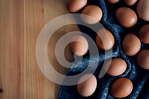 Raw chicken eggs on table