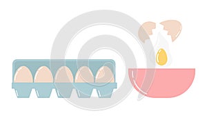 Raw, chicken eggs, vector isolated illustration. Whole and broken yellow fresh raw eggs in open consumer cardboard