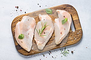 Raw chicken fillet with spices and herbs top view.