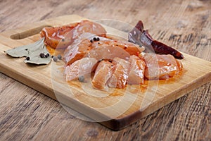 Raw chicken fillets in the marinade