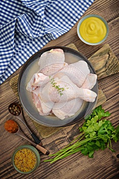 Raw chicken legs in bowl