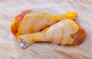 Raw chicken legs on cutting board and plate closeup