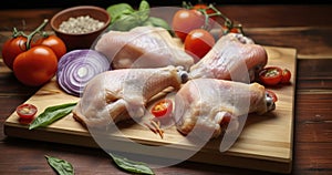 Raw Chicken Legs Paired with a Colorful Array of Cherry Tomatoes, Pepper, and Basil on a Wooden Platter