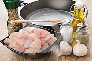 Raw chicken meat in bowl, frying pan, vegetable oil