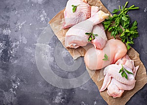 Raw chicken meat fillet, thigh, wings and legs photo