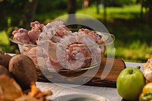 Raw chicken meat with Fresh vegetables on the table in nature in the warm sunny light