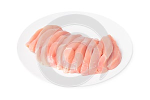 Raw chicken meat.Raw chicken medallions on a white plate on an isolated background with rosemary leaves. Raw chicken steaks