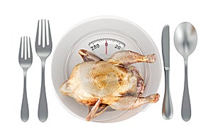 Raw chicken on the plate with weight scale. 3D rendering