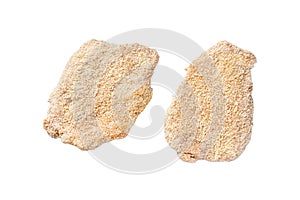 Raw chicken schnitzel Escalope in breadcrumbs. Isolated on white background, top view.