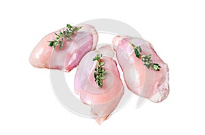 Raw Chicken skinless thigh fillet Isolated on white background, top view.