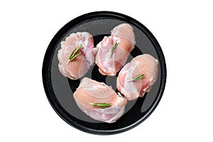 Raw chicken thigh fillet without skin. Farm poultry meat. Isolated on white background.