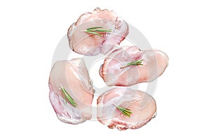 Raw chicken thigh fillet without skin. Farm poultry meat. Isolated on white background. Top view.