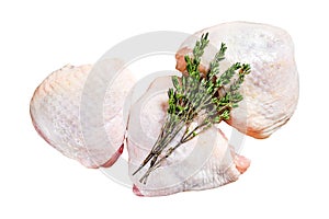 Raw chicken thigh, organic poultry meat. Isolated on white background. Top view.