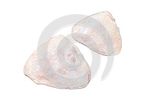 Raw chicken thigh with skin. Farm poultry meat. Isolated on white background. Top view.