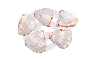 Raw chicken thigh with skin, organic meat. Isolated on white background.
