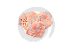 Raw chicken thighs boneless on white background.Lots of Chunks of Fresh Skinless Chicken Thigh. Isolade.Raw Frozen Skinless