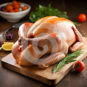 Raw chicken, turkey on a wooden kitchen board. Turkey as the main dish of thanksgiving for the harvest
